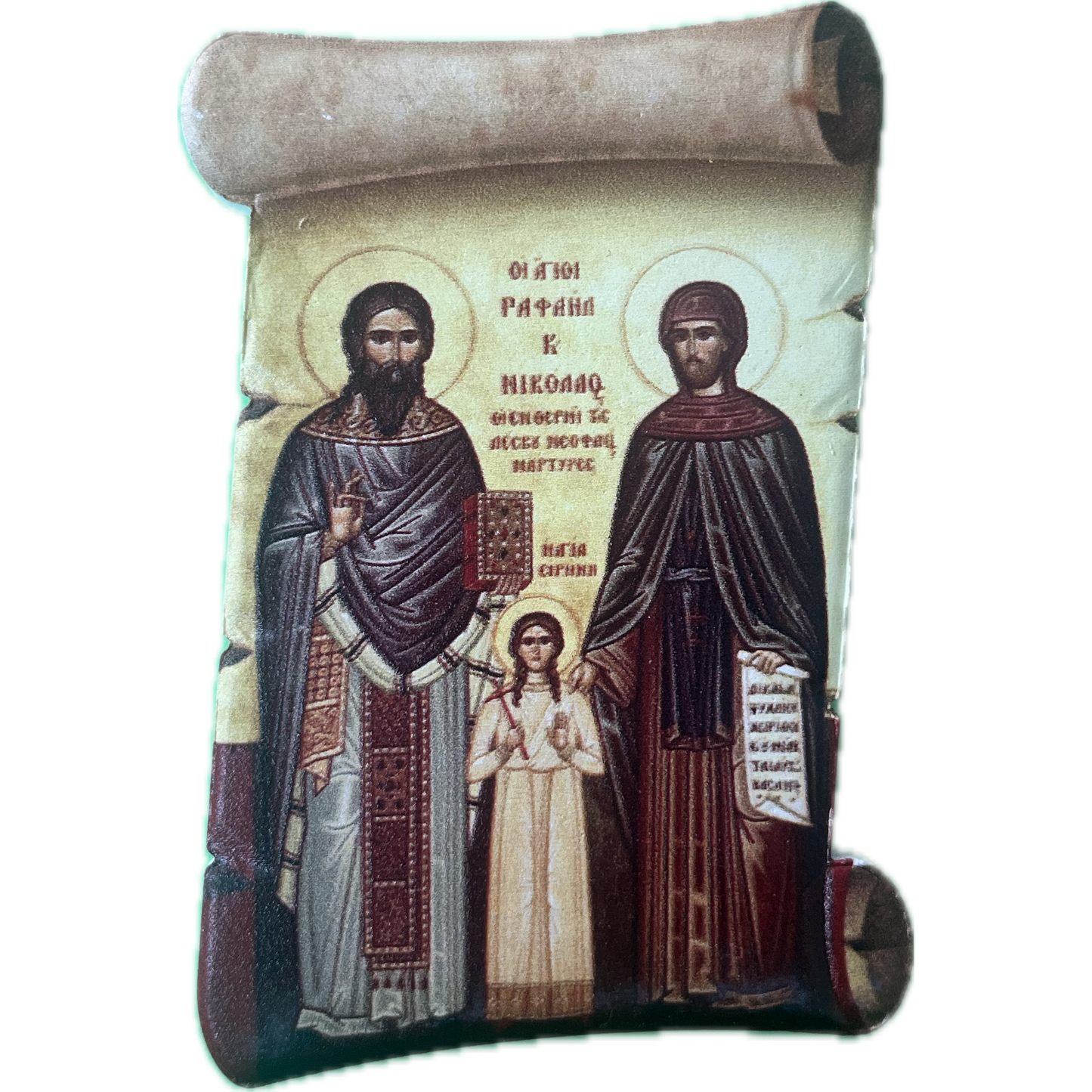 Ceramic magnet in the shape of a papyrus: Saints Raphael, Nicholas and Irene of Lesvos