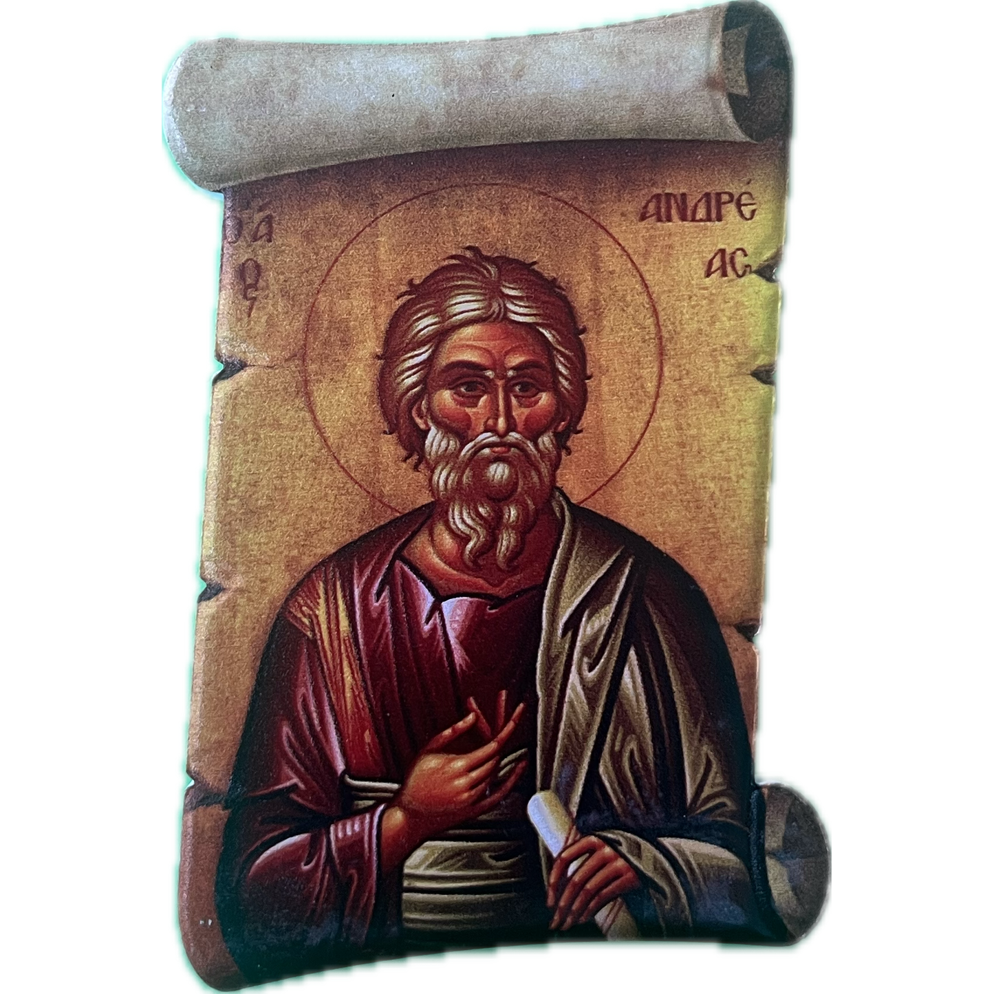 Ceramic magnet in the shape of a papyrus: Apostle Andrew